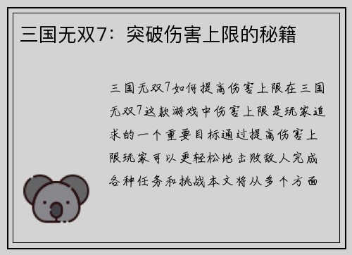 三国无双7：突破伤害上限的秘籍