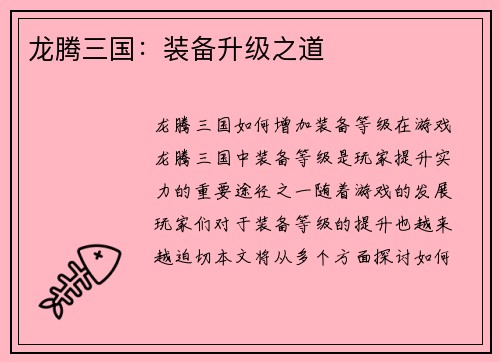 龙腾三国：装备升级之道